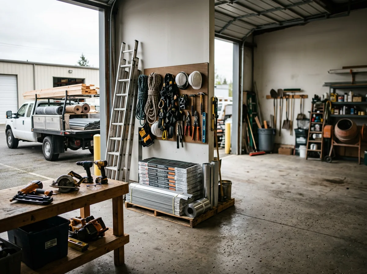Professional crew and tools ready for exterior home projects, showcasing the equipment and workspace for siding, roofing, and deck installations.