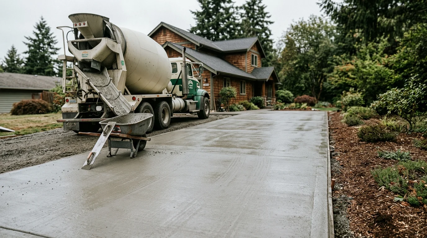 Finished concrete driveway in front of a residential home
