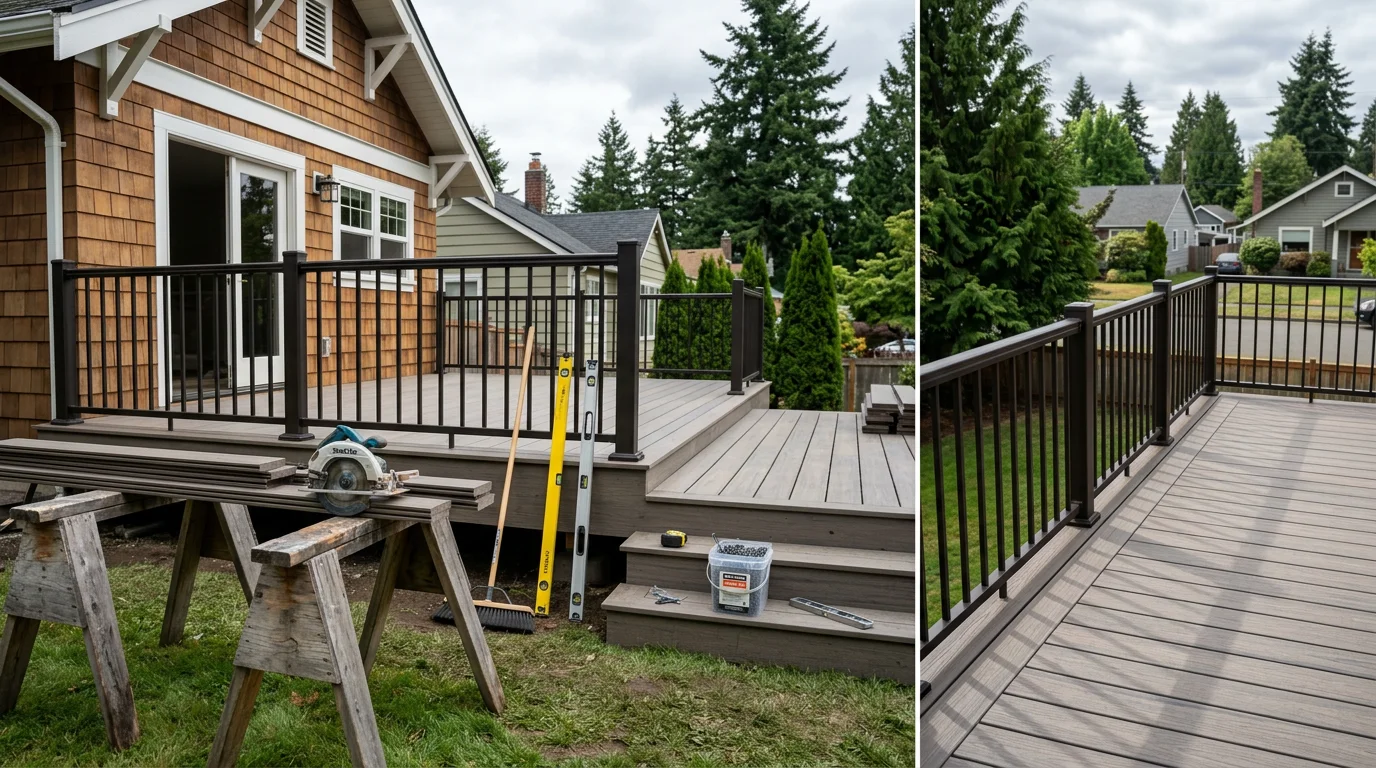 Custom wooden deck built on a residential home with seating area