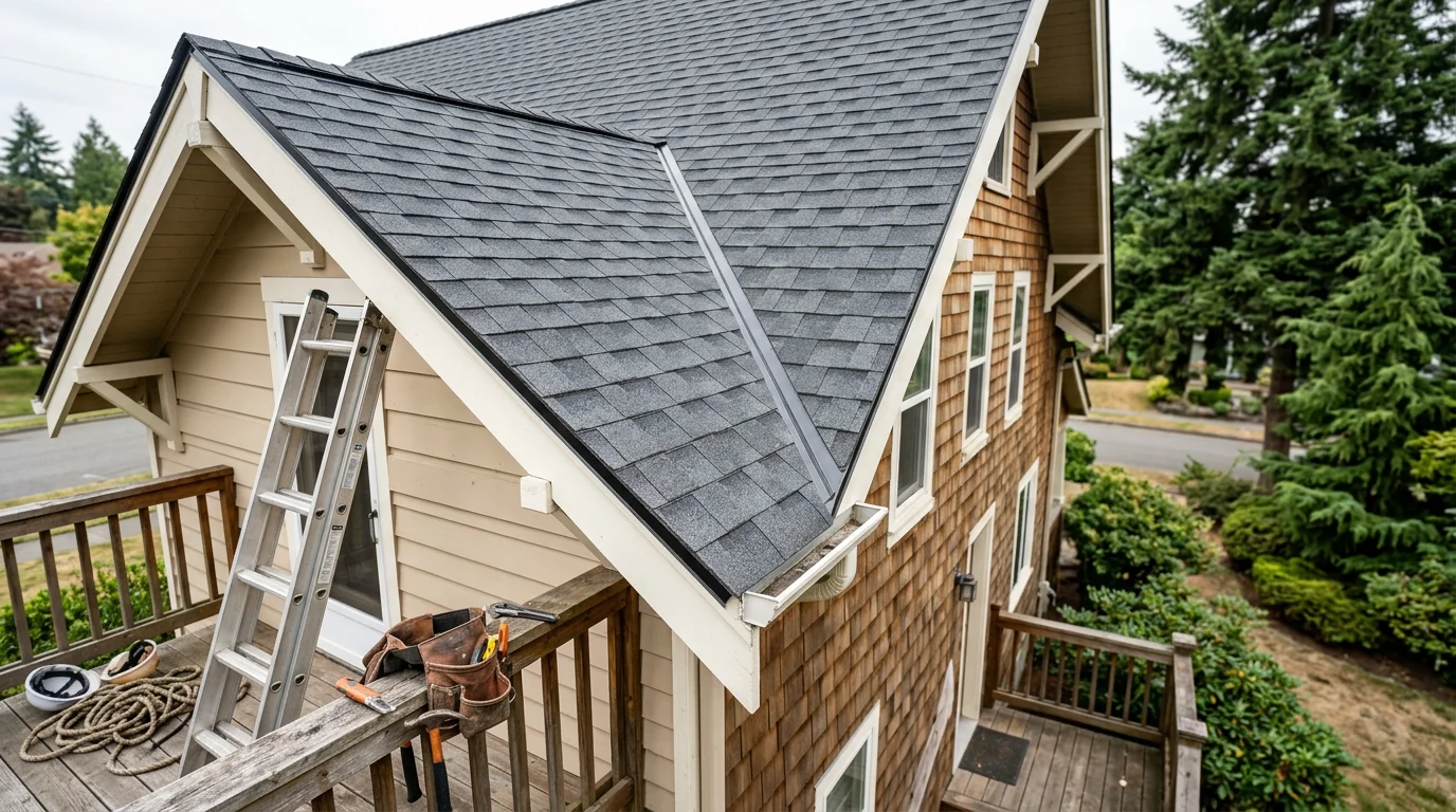 Professional roofer installing shingles on a residential home exterior