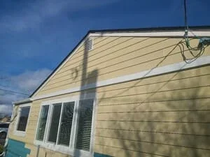 Tan vinyl horizontal lap siding installed on residential home exterior with window trim