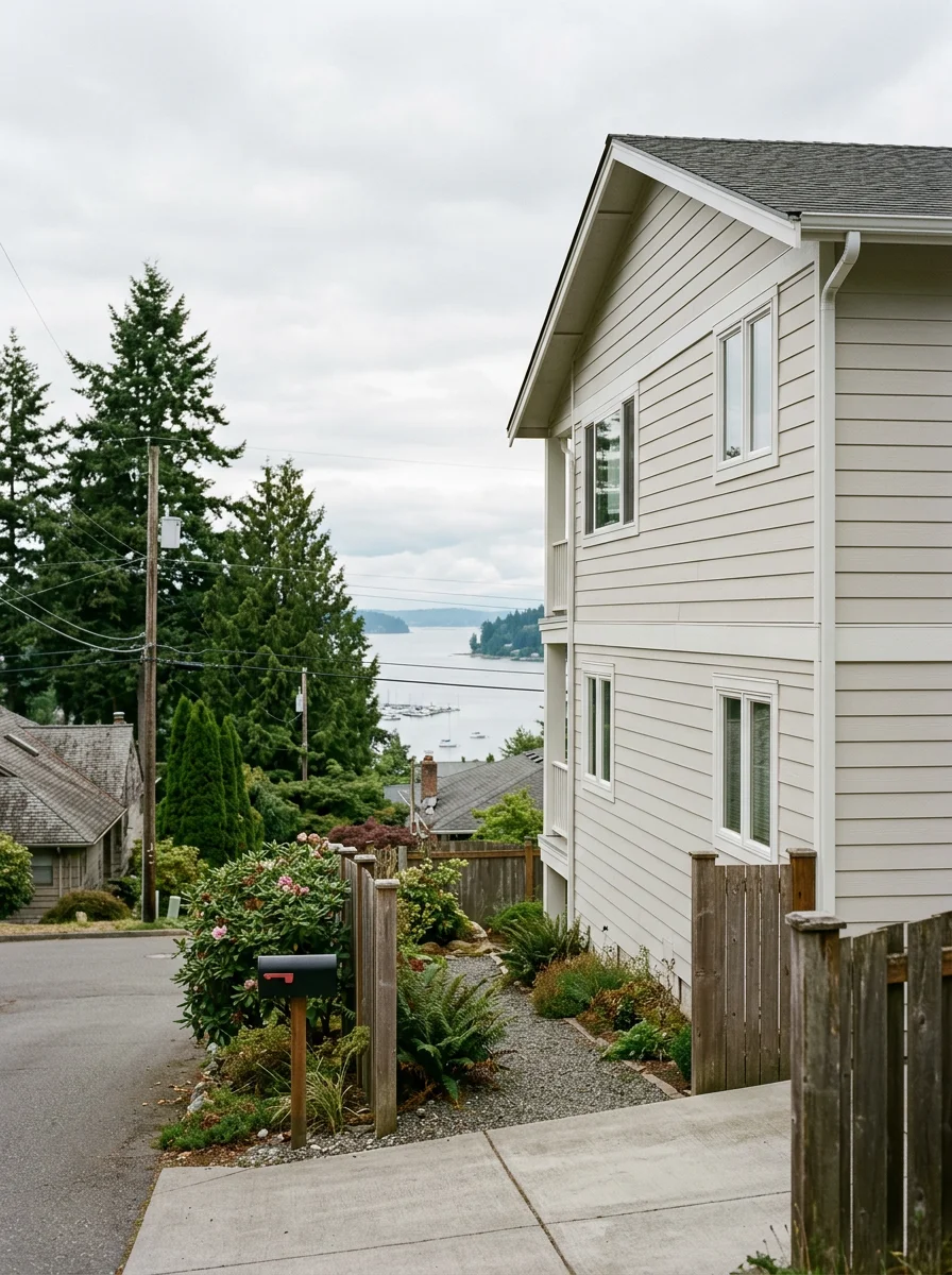 Marine Hills Federal Way home with new fiber cement siding on the west elevation facing Puget Sound, showing factory-finished panels and sealed horizontal joints.