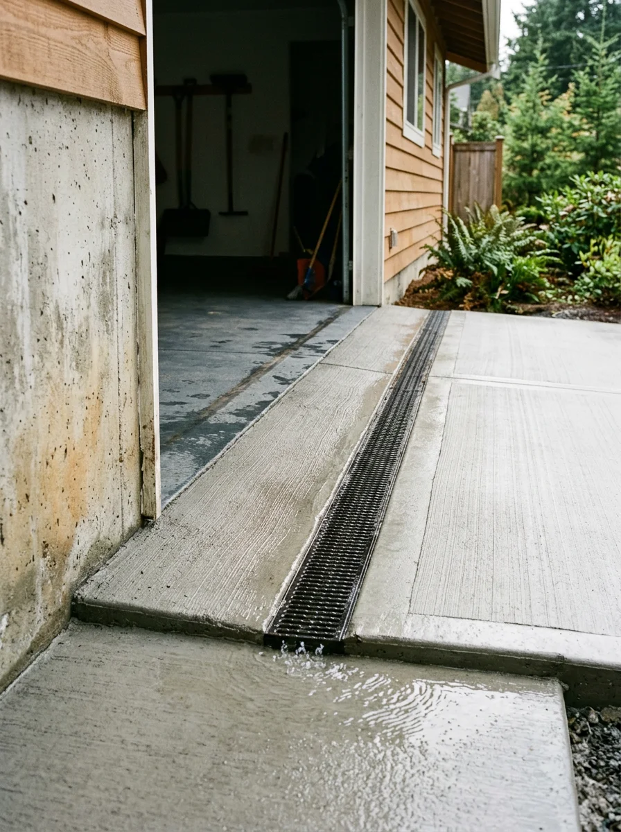 Concrete driveway apron replacement at a Fife home, showing a channel drain installed at the garage threshold to redirect water away from the siding and foundation.