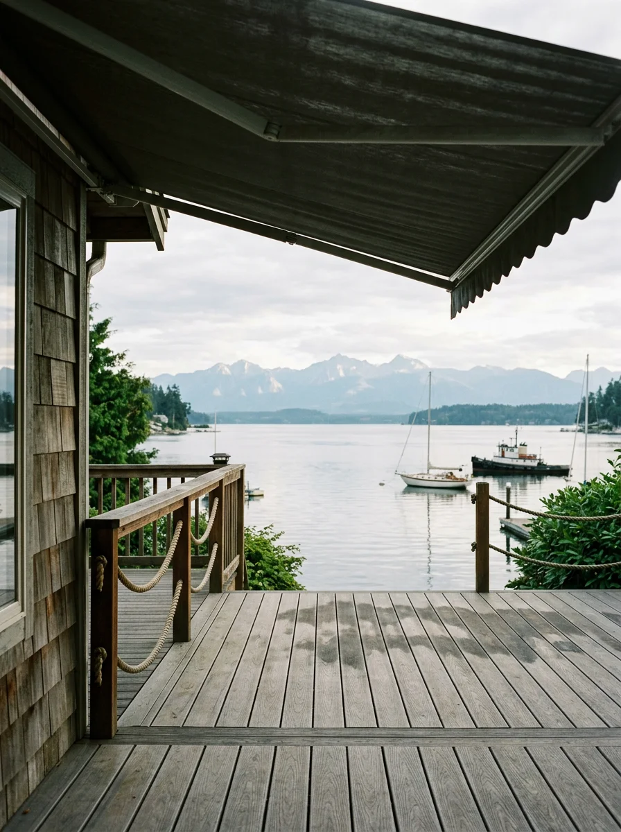 Retractable awning extended over a west-facing deck in Gig Harbor, with the harbor and Olympic Mountains visible in the background.