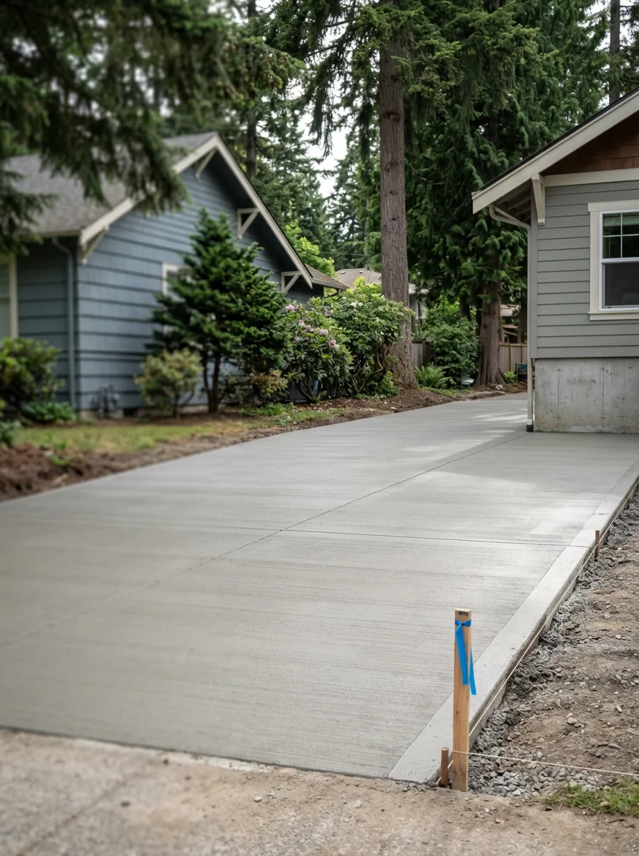Freshly poured concrete driveway on a Lakewood residential property, sloped away from the home's foundation with a clean broom finish.