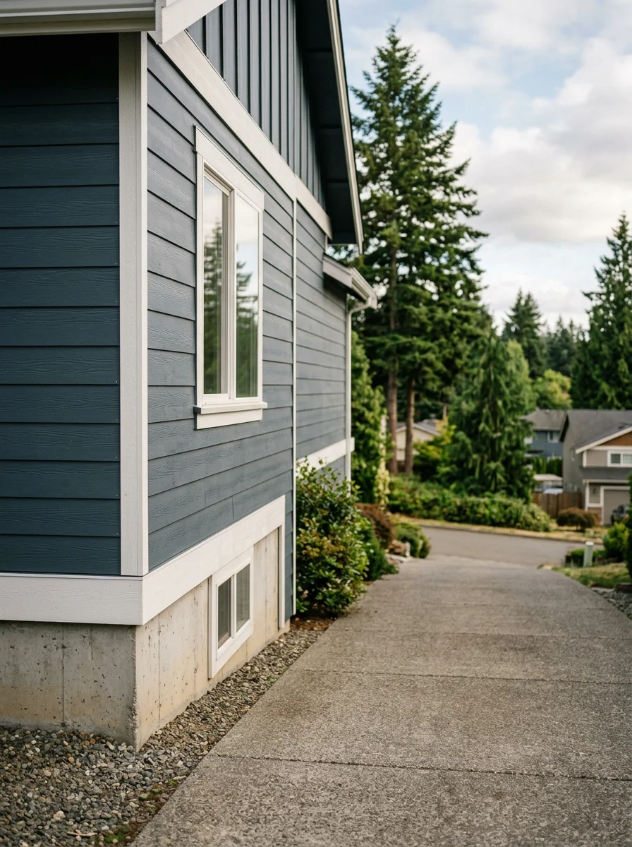Freshly replaced wood siding with fiber cement panels on an older Frederickson home, showing new trim detail and a long concrete driveway graded away from the foundation.