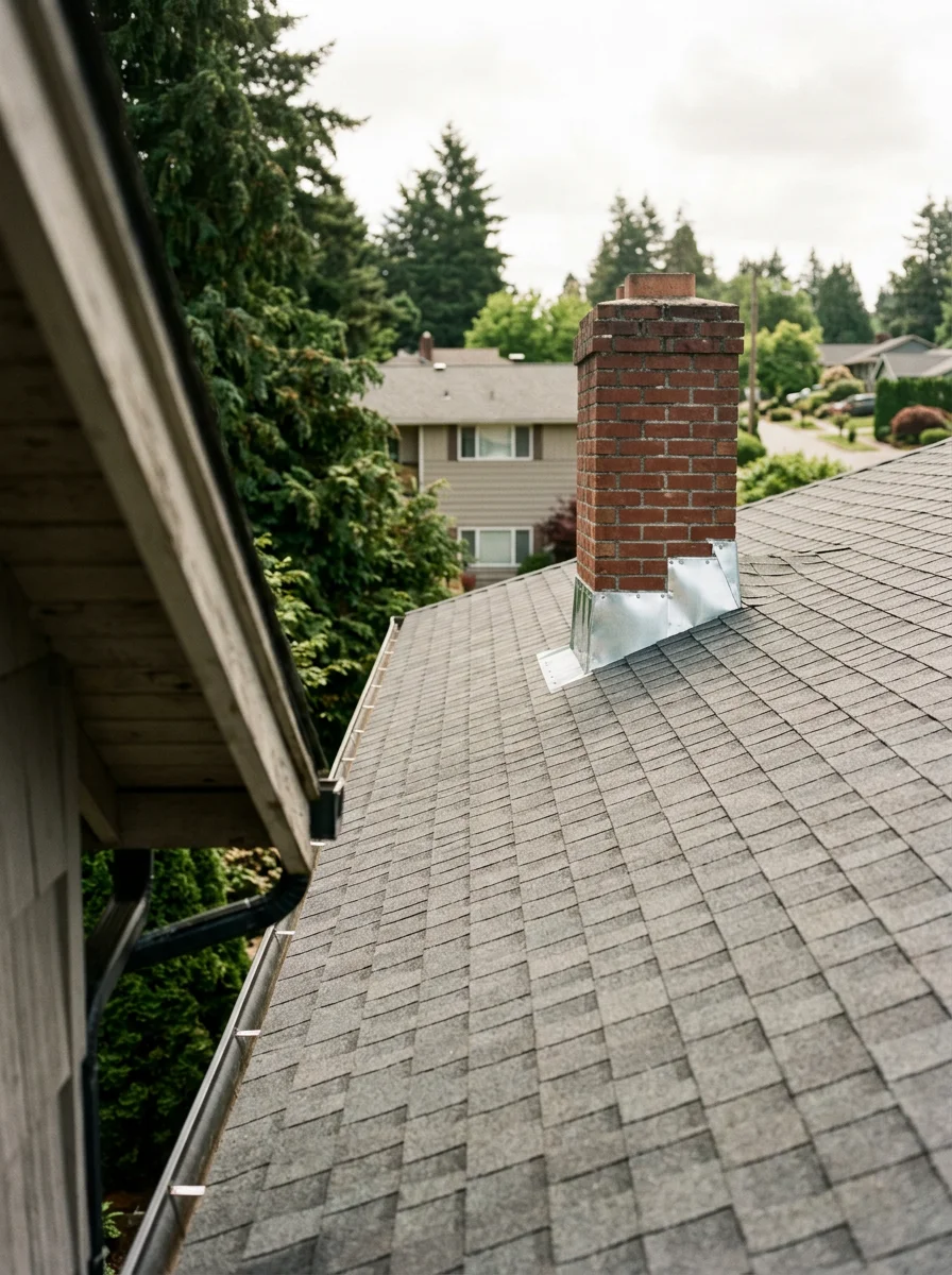 Roofing crew replacing shingles on a 1960s valley-floor home in downtown Puyallup, with new flashing visible at the chimney transition.