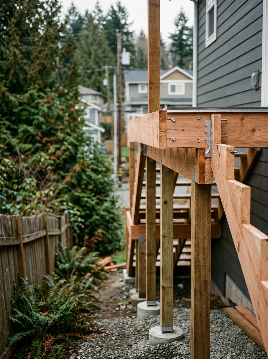 Close-up of a newly installed cedar deck on a sloped hillside lot in Tacoma's Stadium District, showing post footings and ledger connection detail.