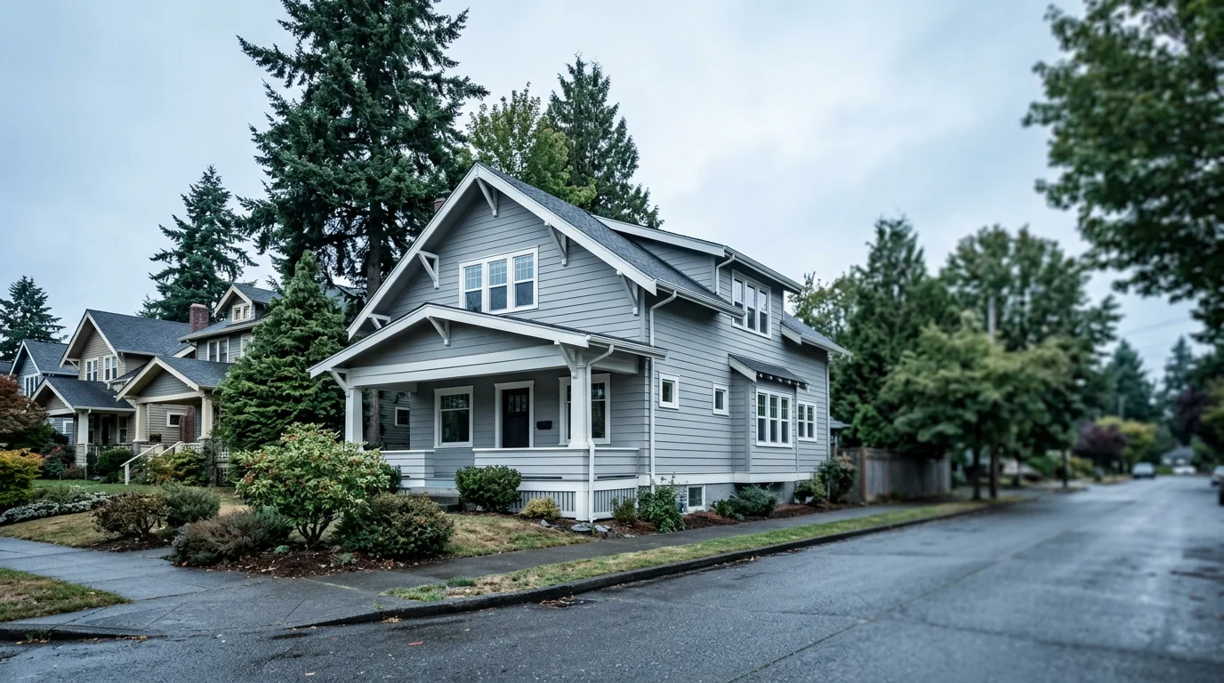 Craftsman-style home in Tacoma's North End with new fiber cement lap siding installed, viewed from the street on a cloudy Pacific Northwest day.