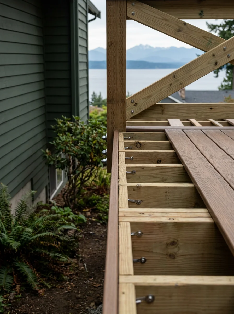 Composite deck addition on a University Place home near Chambers Bay, showing stainless fasteners, treated framing, and a view toward the Olympic Mountains.