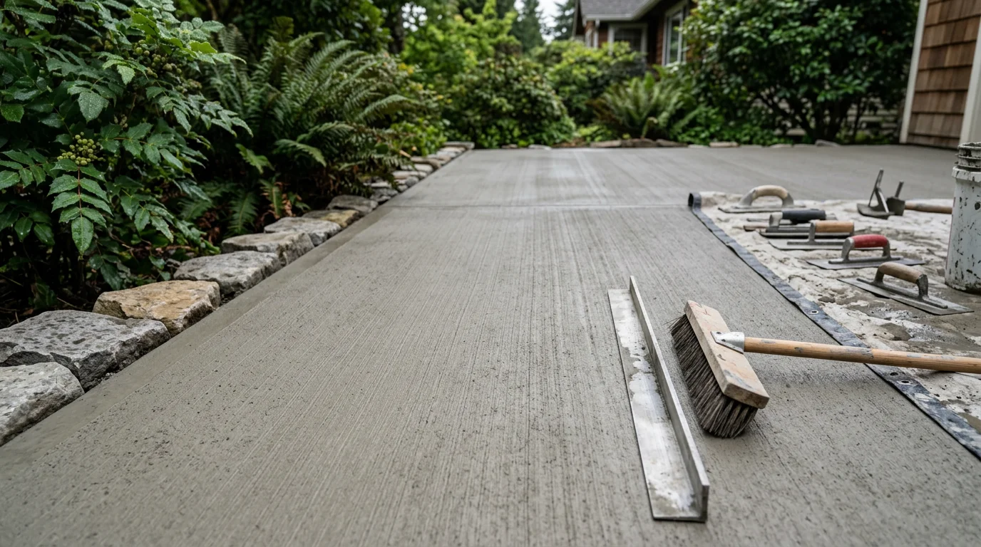 A freshly finished concrete patio surface in Tacoma, WA showing a clean broom texture finish with consistent ridges across the slab. The surrounding yard reflects a typical Pierce County residential property with overcast Pacific Northwest skies.