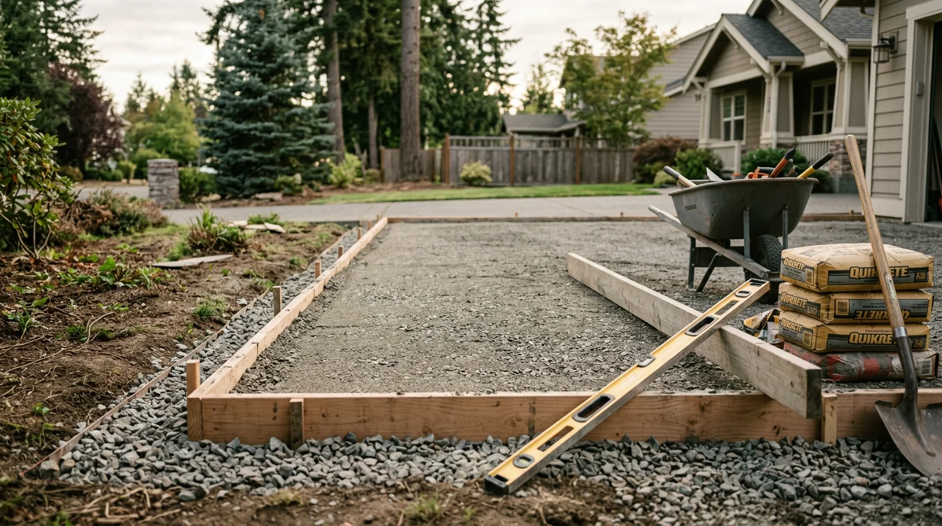 Freshly installed concrete patio surface at a residential property in Tacoma, WA, with clean edges and a smooth finish. The surrounding yard shows typical Pacific Northwest landscaping with green grass and mature trees.