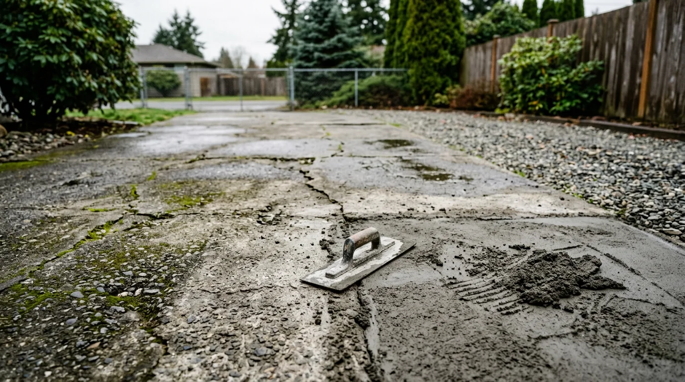 A repaired residential concrete driveway in Tacoma, WA showing a smooth, crack-free surface after professional concrete repair work. The surrounding yard and home exterior are visible in the background.