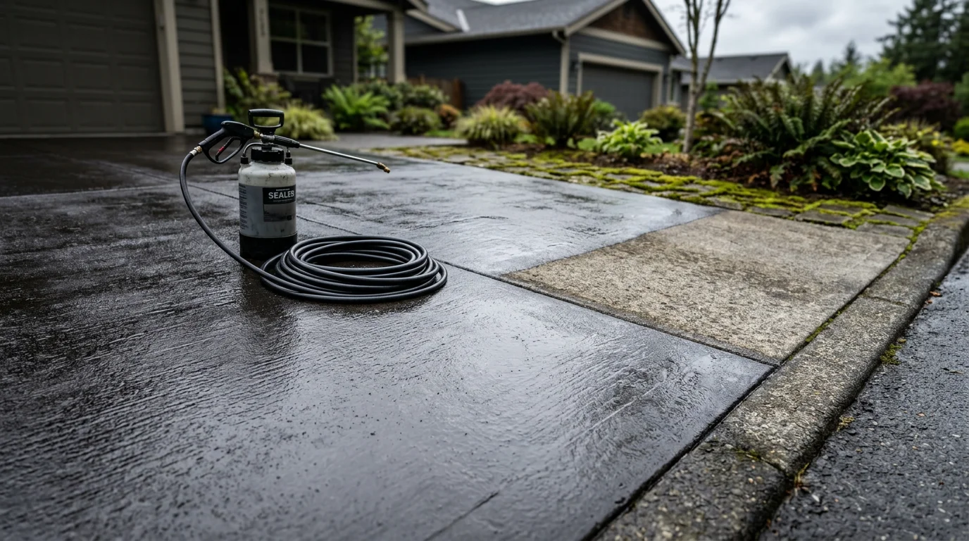 Freshly sealed residential concrete driveway in Tacoma, WA with a clean, uniform finish and water beading on the surface. A Sound Home Exteriors crew member applies sealant to an outdoor slab on a dry Pacific Northwest day.
