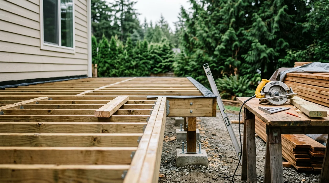 A newly installed wood deck attached to the back of a residential home in Tacoma, WA, with guardrails and steps leading to a landscaped yard. The deck structure shows clean framing and a finished decking surface suited to the Pacific Northwest climate.