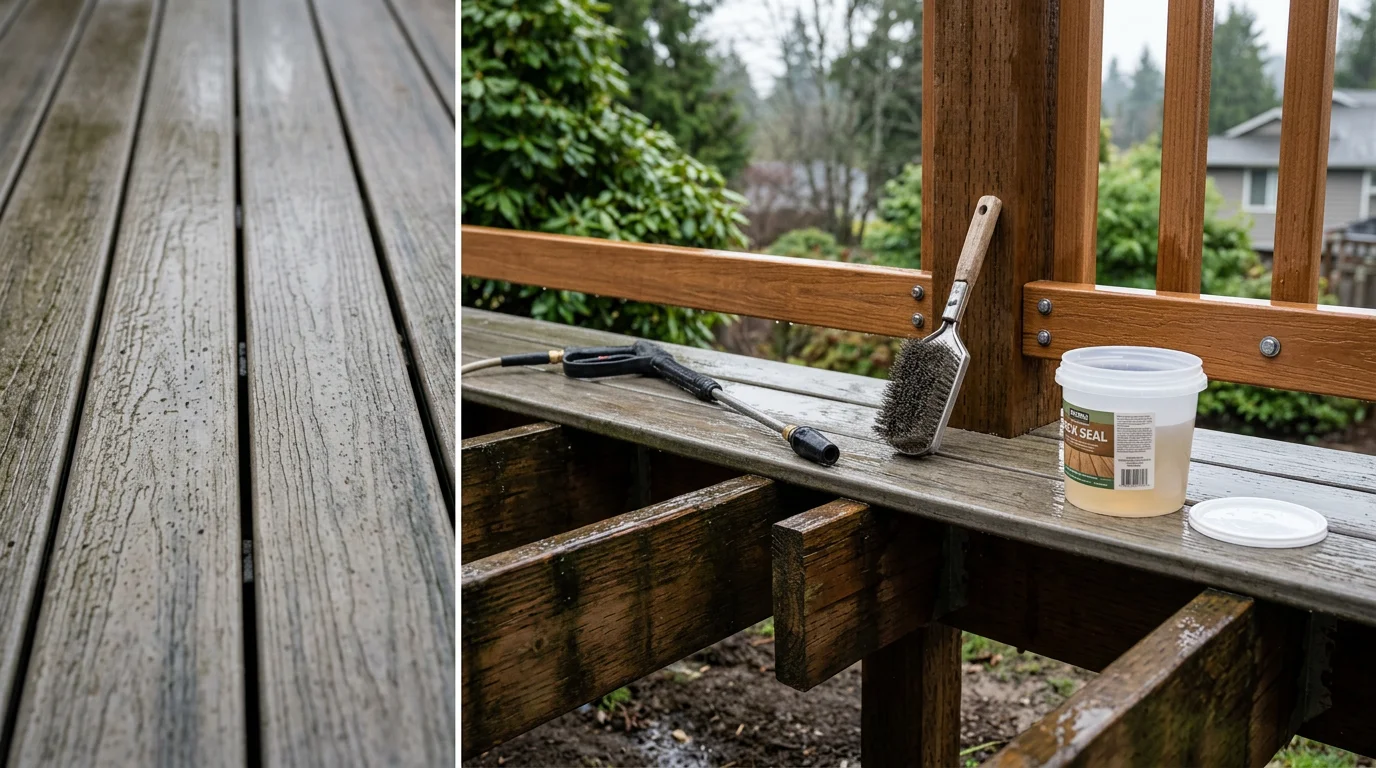 A well-maintained wood deck on a Tacoma, WA home after professional cleaning and sealing, showing clean boards and secure railings on a cloudy Pacific Northwest day.