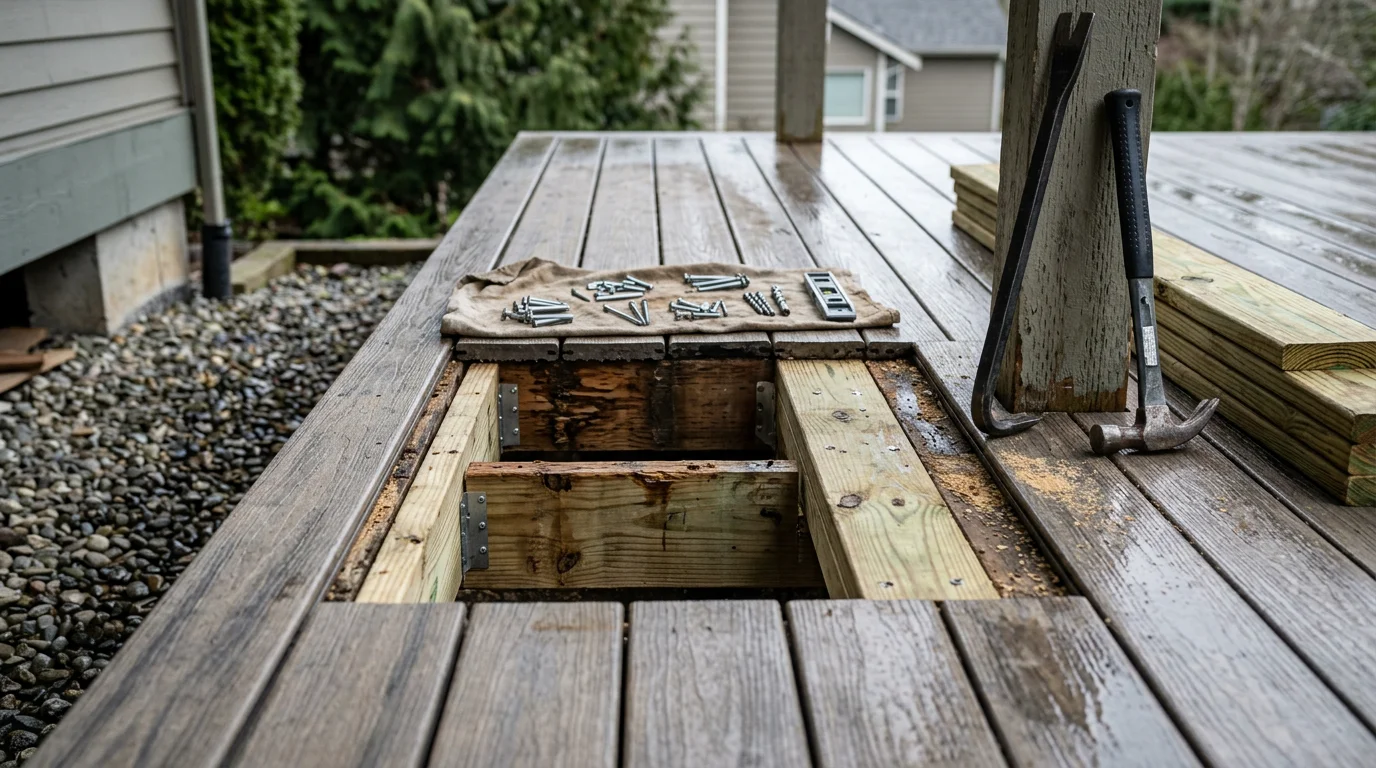 A repaired residential deck in Tacoma, WA showing replaced surface boards and restored railings on a Pacific Northwest home. The repaired sections blend with the existing structure, with no visible rot or damage remaining.