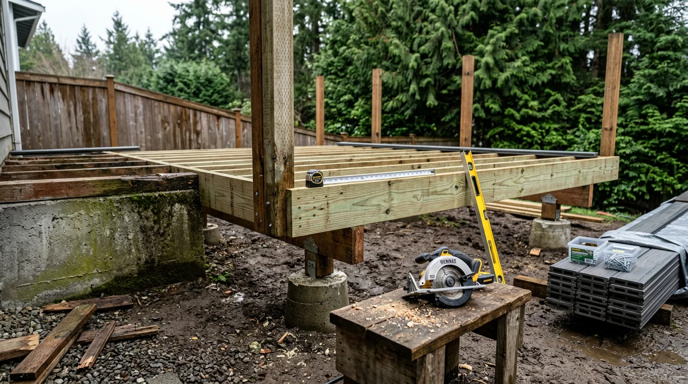 A newly replaced deck on a residential home in Tacoma, WA, showing fresh decking boards and secure railings. The structure is attached to the rear of a Pacific Northwest-style home with a backyard view.