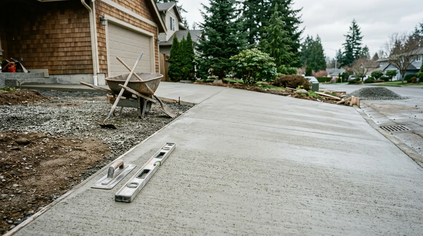 Freshly installed concrete driveway at a residential home in Tacoma, WA, with a smooth broom-finished surface and clean edges leading to a garage. The surrounding lawn and street reflect the typical residential streetscape found across Pierce County neighborhoods.