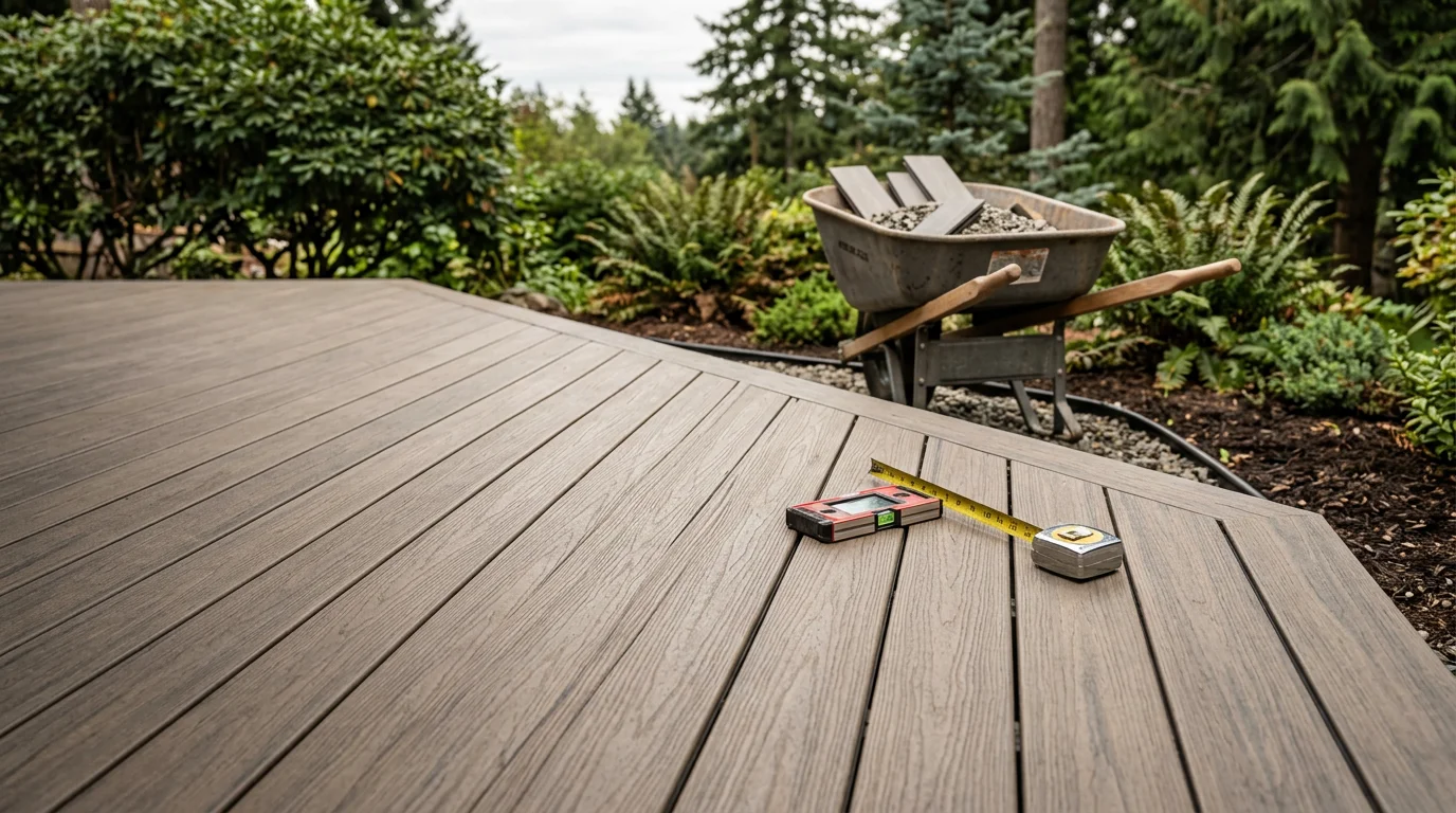 A newly installed patio in a Tacoma, WA backyard with a clean, level surface and proper drainage grading. The finished outdoor space is surrounded by Pacific Northwest landscaping typical of Pierce County residential properties.