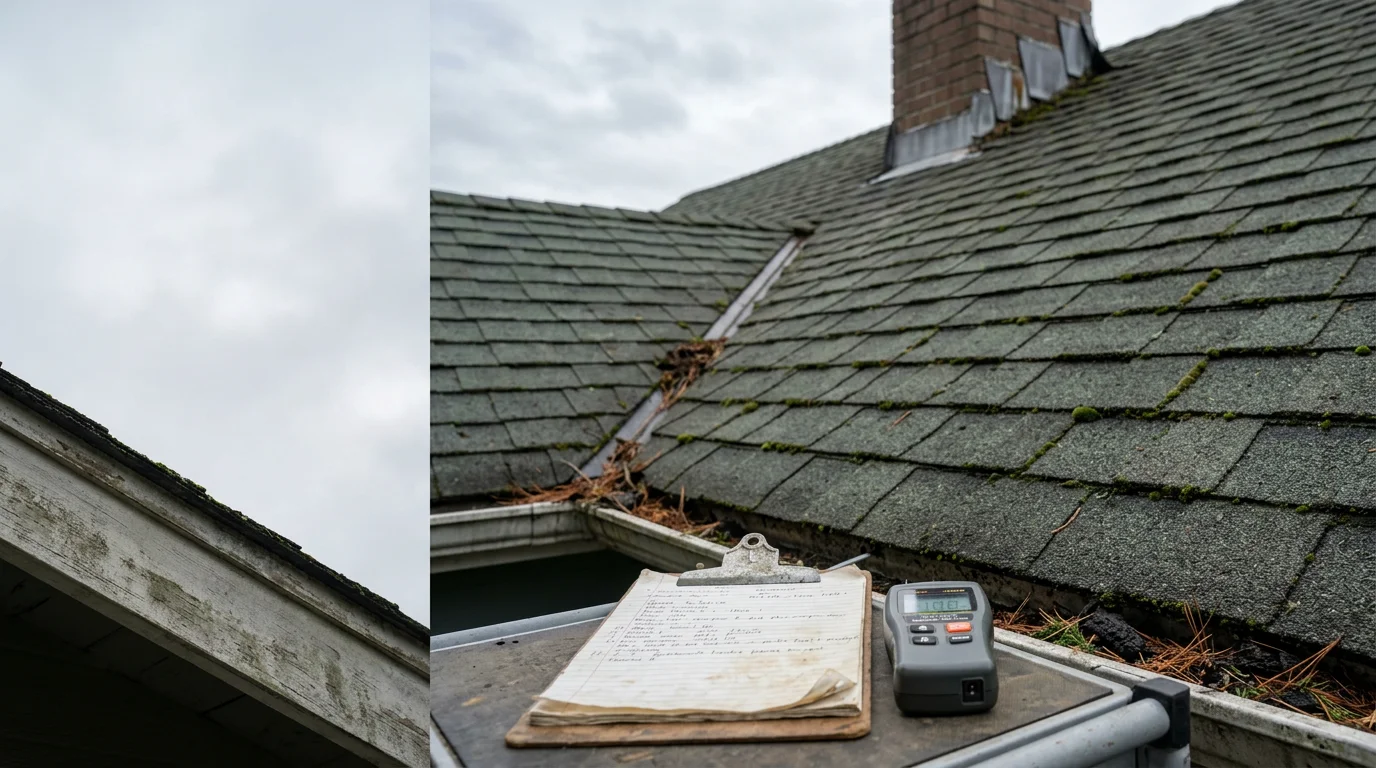 A roofing professional inspecting shingles and flashing on a residential roof in Tacoma, WA, with moss visible on the north-facing slope and mature evergreen trees in the background.