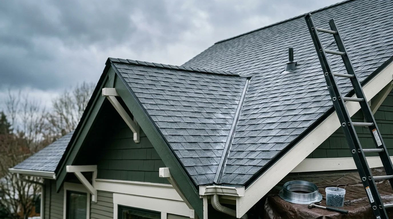 A newly installed residential roof on a Tacoma, WA home, showing clean roofing lines and proper ridge detail against a Pacific Northwest sky. The surrounding neighborhood reflects the mix of established homes typical of the Pierce County area.