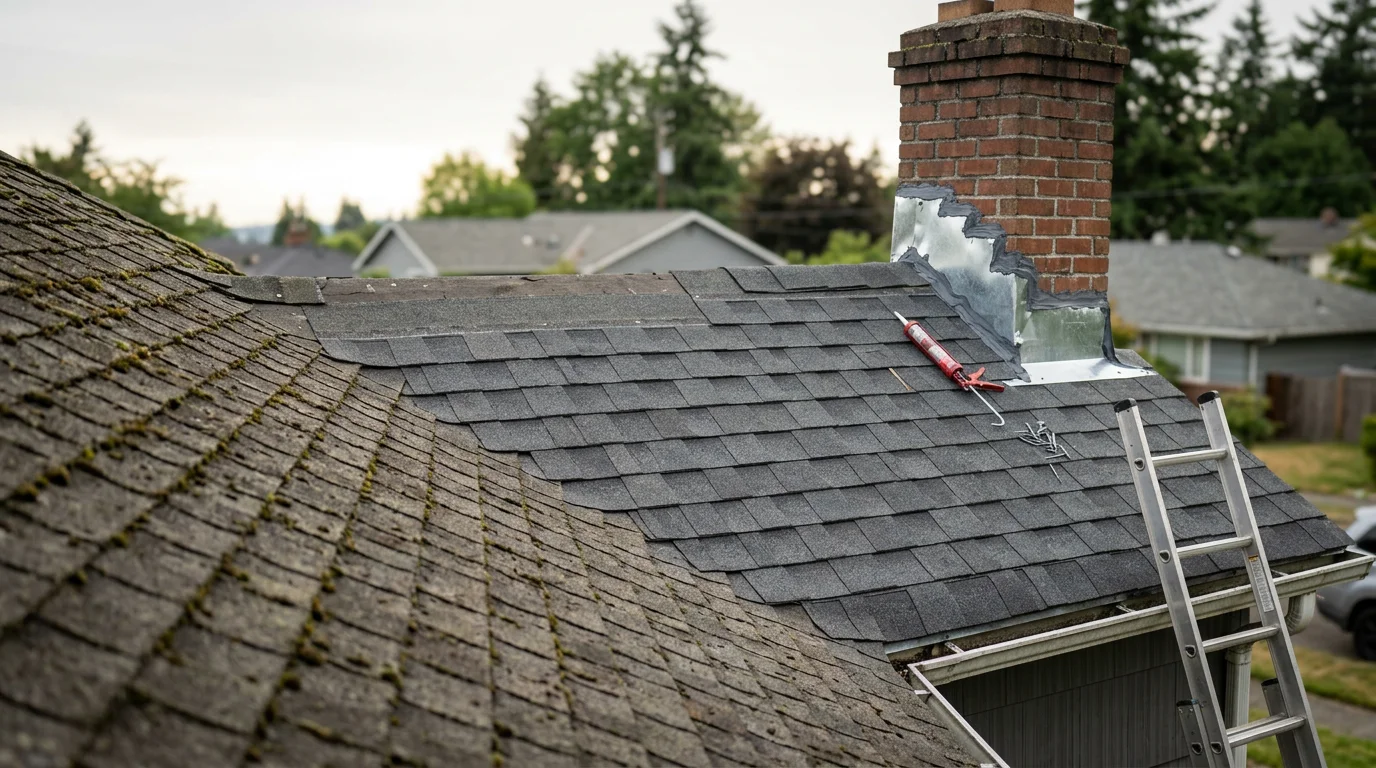 A roofing contractor repairing damaged shingles and flashing on a residential home in Tacoma, WA. Close-up view of repaired roof section showing replaced shingles against a Pacific Northwest overcast sky.