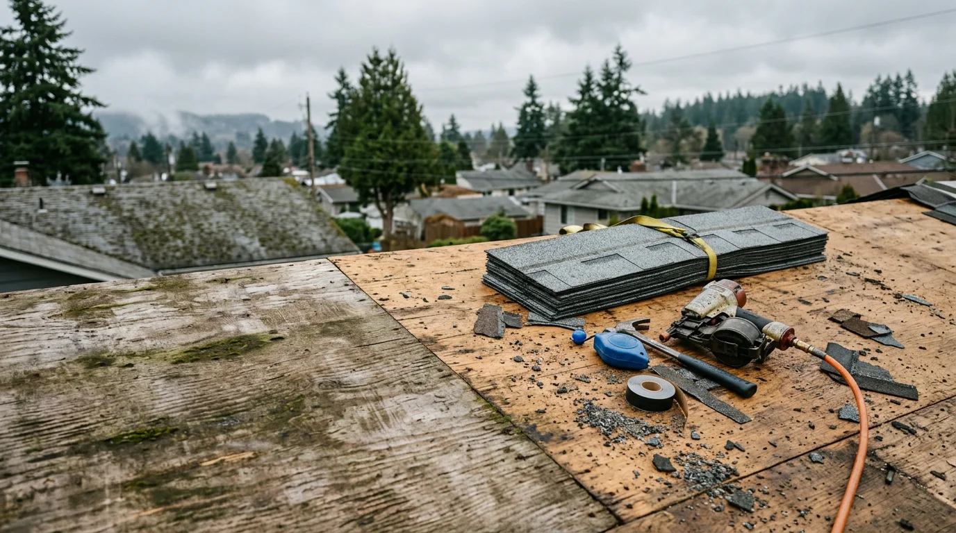 A completed roof replacement on a residential home in Tacoma, WA, showing a freshly installed roofing system with clean ridge lines and new flashing against a Pacific Northwest sky. The home exterior reflects the style common to Pierce County neighborhoods.