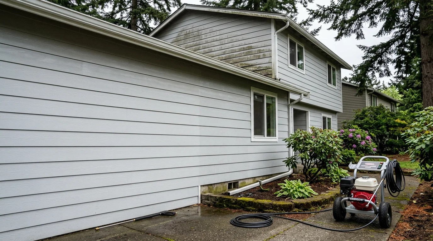 A residential home in Tacoma, WA with clean, freshly washed siding free of algae streaks and green film. The exterior walls show clear trim lines and restored color after professional siding cleaning service.