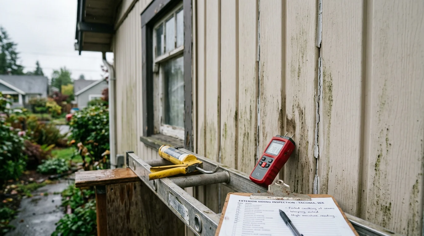 A siding contractor inspecting the exterior panels and trim of a residential home in Tacoma, WA, checking for moisture damage, warping, and failed caulking along the seams.