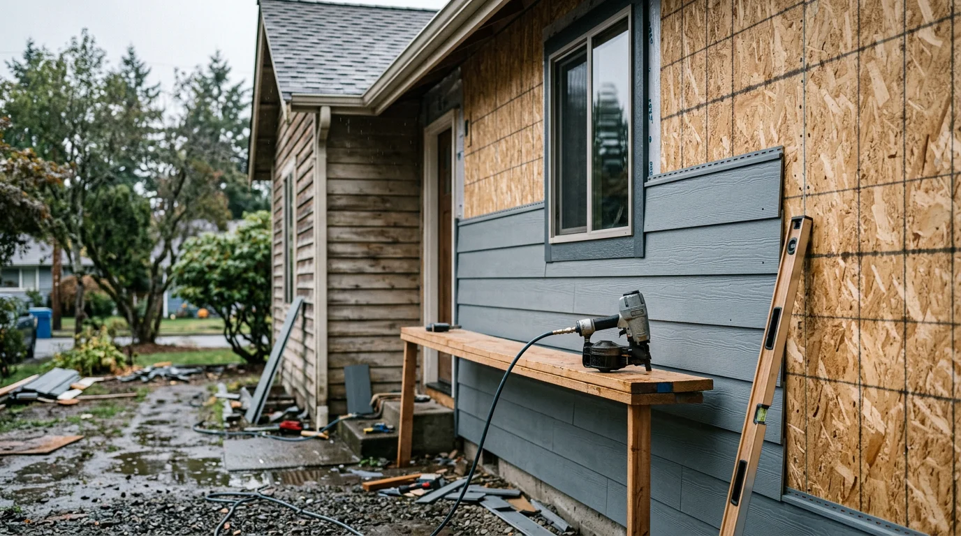 Newly installed lap siding on a two-story residential home in Tacoma, Washington, with clean trim details and a finished exterior ready for the Pacific Northwest climate.