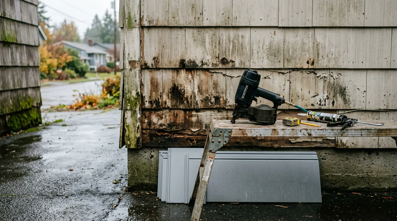 A siding contractor repairing cracked and warped exterior panels on a residential home in Tacoma, WA. Close-up view shows fresh siding sections being fitted against the existing exterior wall on a cloudy Pacific Northwest day.