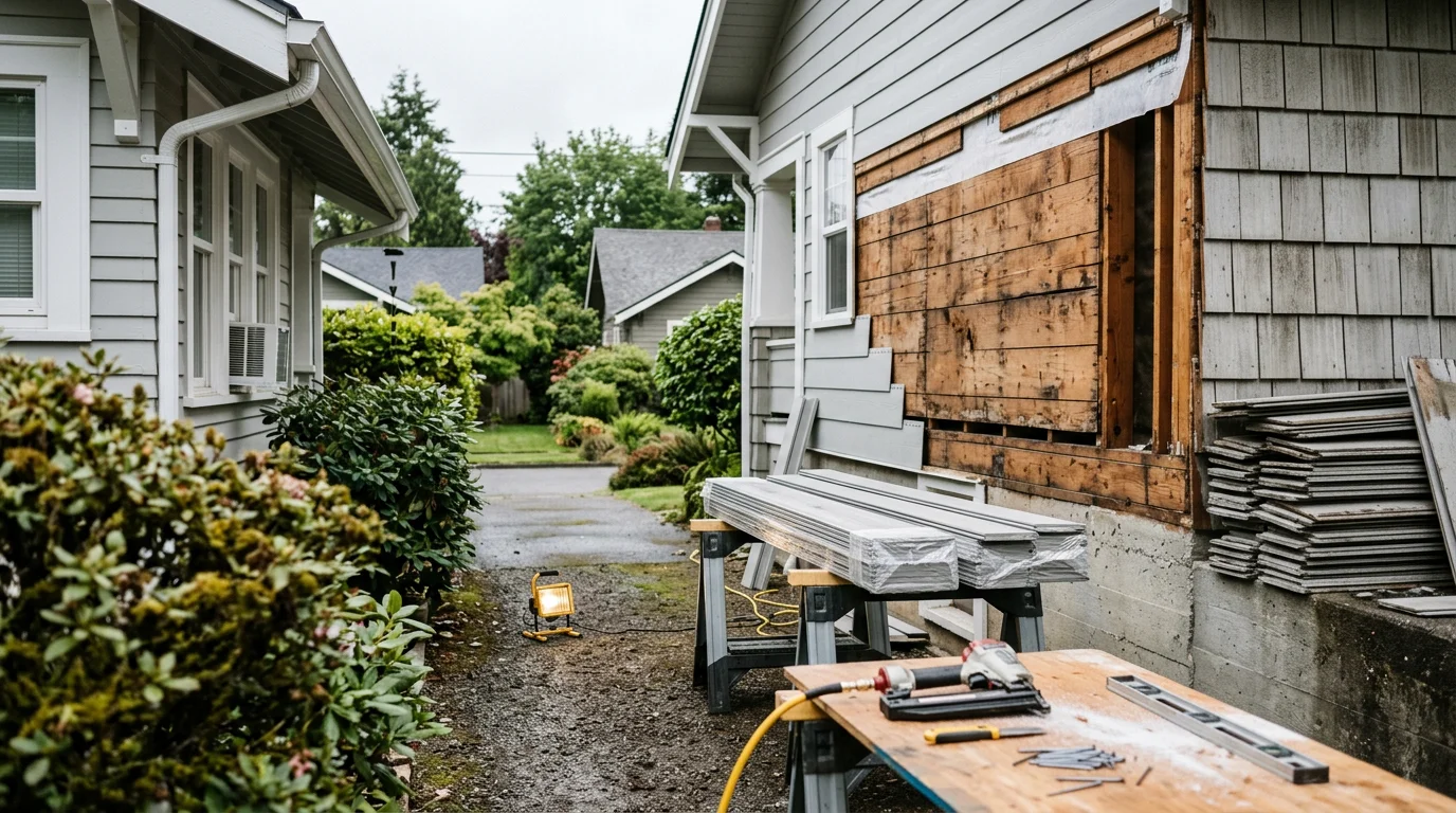 A Tacoma, WA home with newly replaced exterior siding, showing clean uniform panels and fresh trim along a residential street in Pierce County. The completed siding replacement gives the home a weather-tight, updated exterior suited to the wet South Sound climate.
