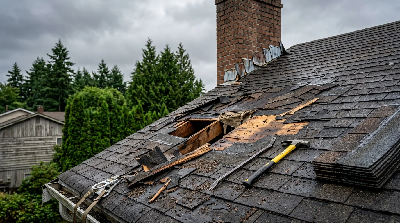 A Tacoma, WA residential roof showing wind-lifted shingles and exposed roof deck after a Pacific Northwest storm. A roofing contractor from Sound Home Exteriors inspects the damage from the roof surface.